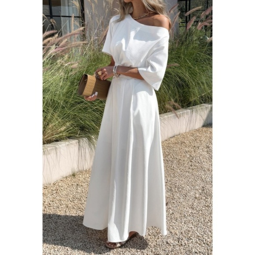 Maxi Dress Women White New One Shoulder Pleated Pocket Summer